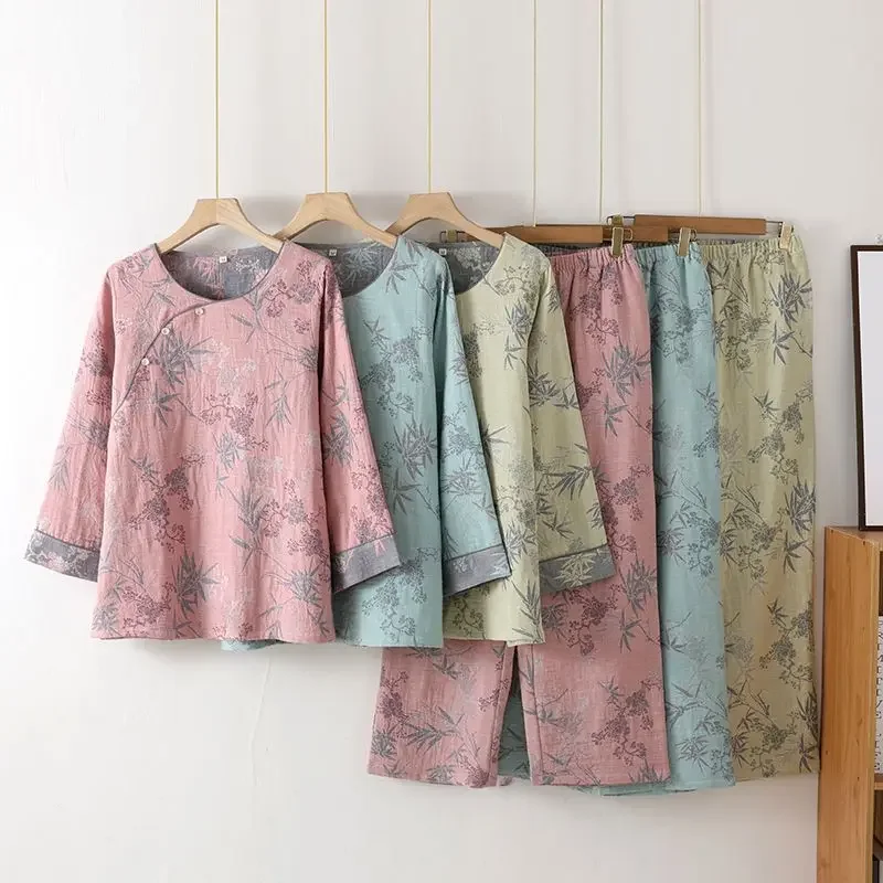 2026 New Chinese Pure Cotton Pajamas Women Spring And Autumn Thin Double Gauze Fashion Antique Long Pajamas Home Wear Set B119