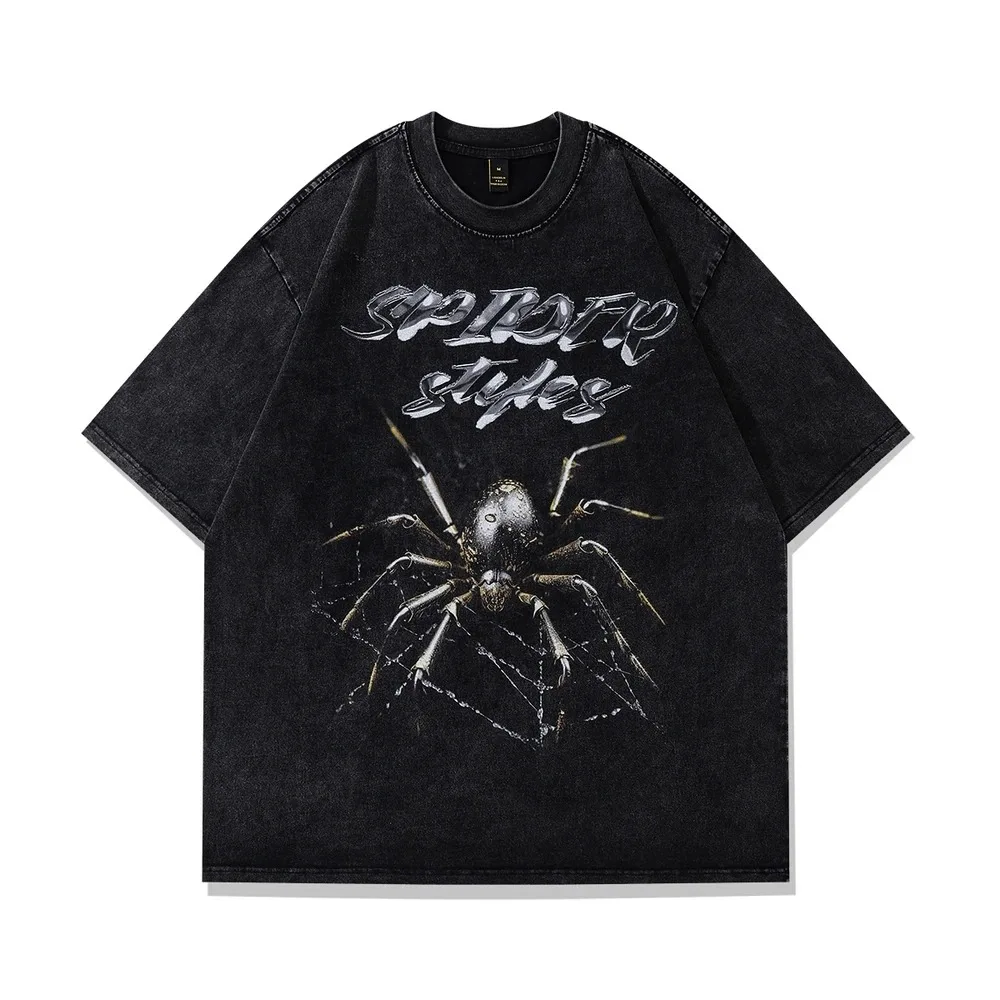 Spider Washed Printed Versatile T-Shirt Men's Women's Aesthetics Punk Gothic Summer Personality Classic Top Men's Clothing