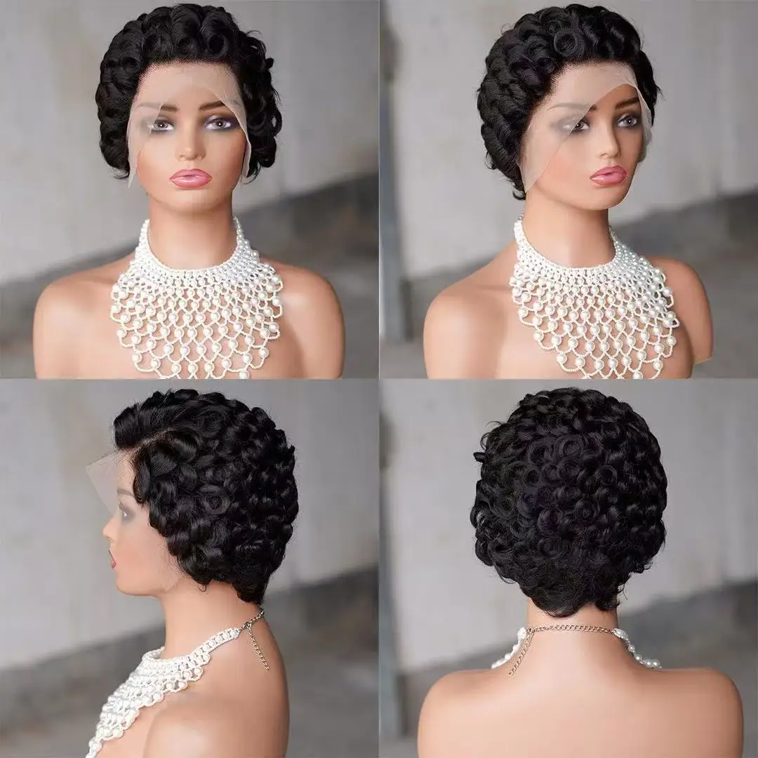 

Pixie Cut Wig Colored 13X4 Transparent Lace Wig Spring curl Short Bob Human Hair Wig For Women Natural Color Human Hair Wig