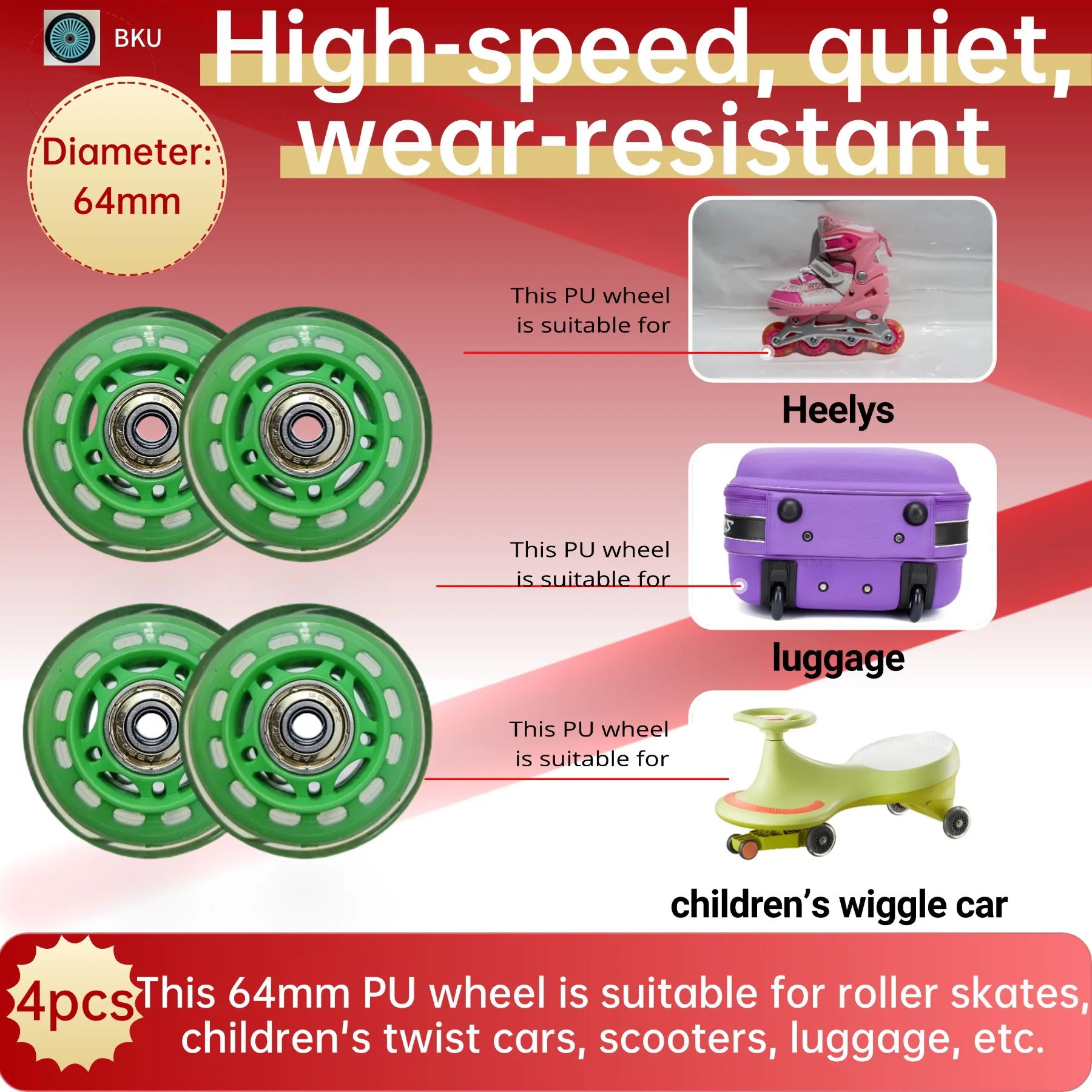 

4 - pack 64mm PU roller skate replacement wheels, fit for ice skates, scooters, luggage, skateboards, baby strollers.