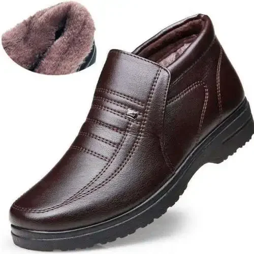 Zapatos de cuero informales impermeables para hombre, Zapatillas altas sin cordones de franela, zapatos cálidos de goma para invierno