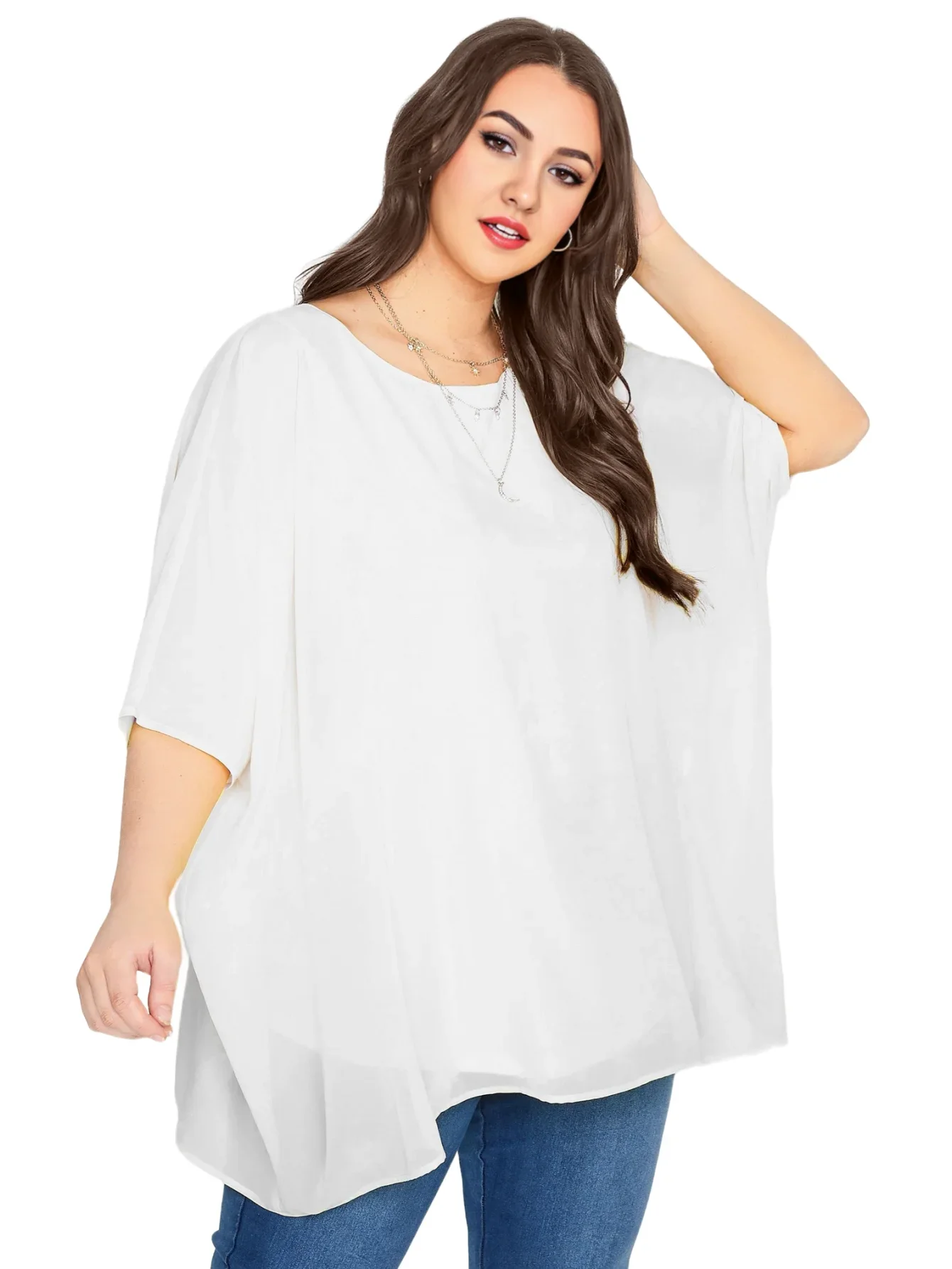 Womens Plus Size Elegant Summer Blouse Batwing Sleeve Oversized Chiffon Blouse Scoop Neck Large Size Casual Tunic Top Shirt 4XL