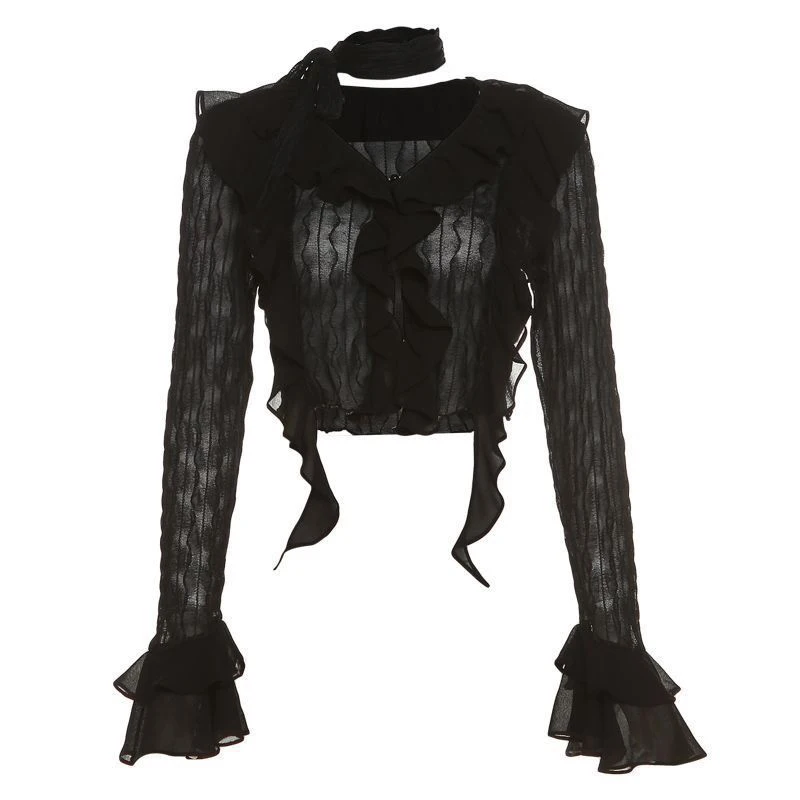 Sexy Gothic Women Lace Blouses Y2K Crop Top Elegant Black Shirt Slim Transparent Cardigan Grungefemale Korean Streetwear Top