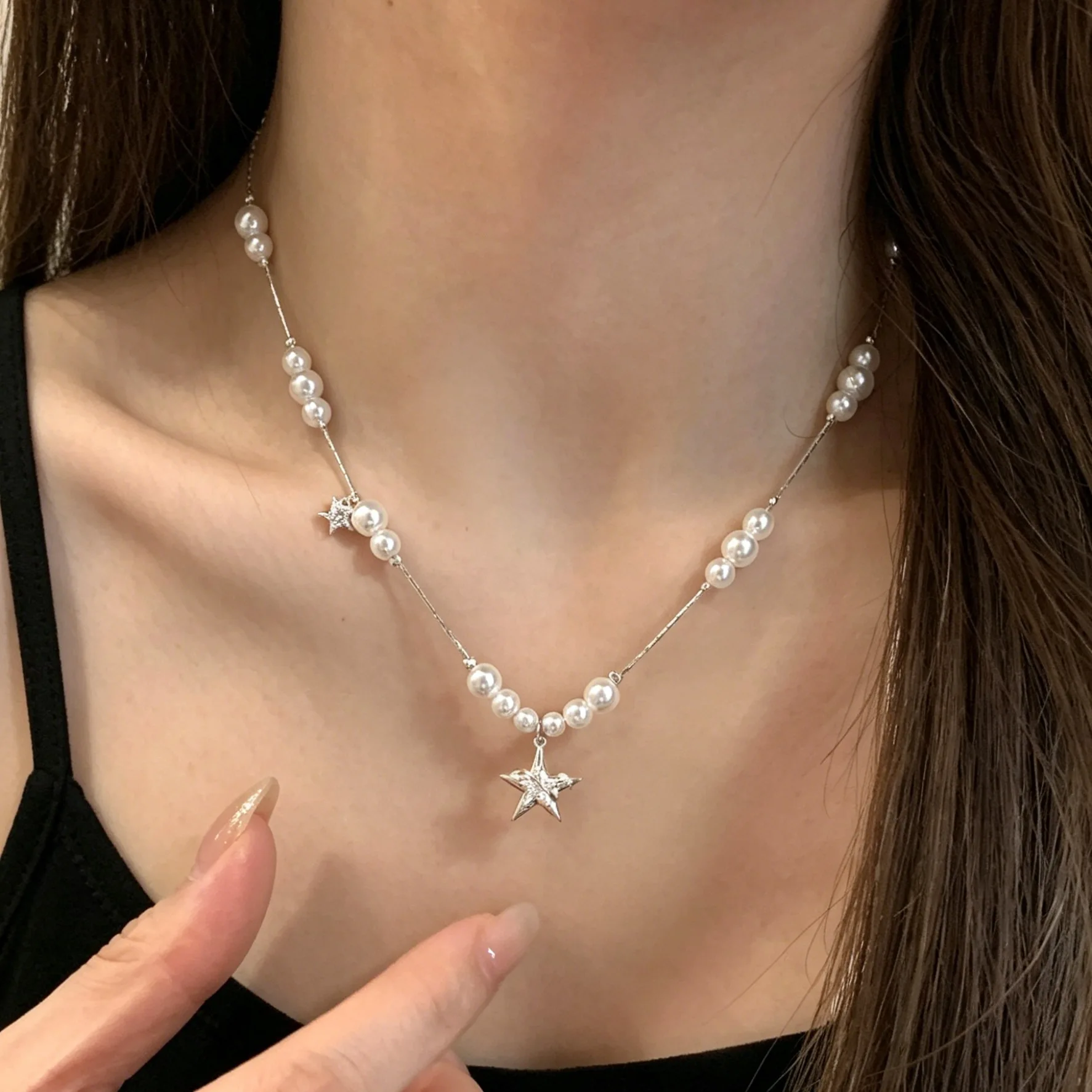Faux Pearl Star Layered Choker Necklace with Big and Small Beads Korean Chic for Women Premium Elegant Lightweight Unique