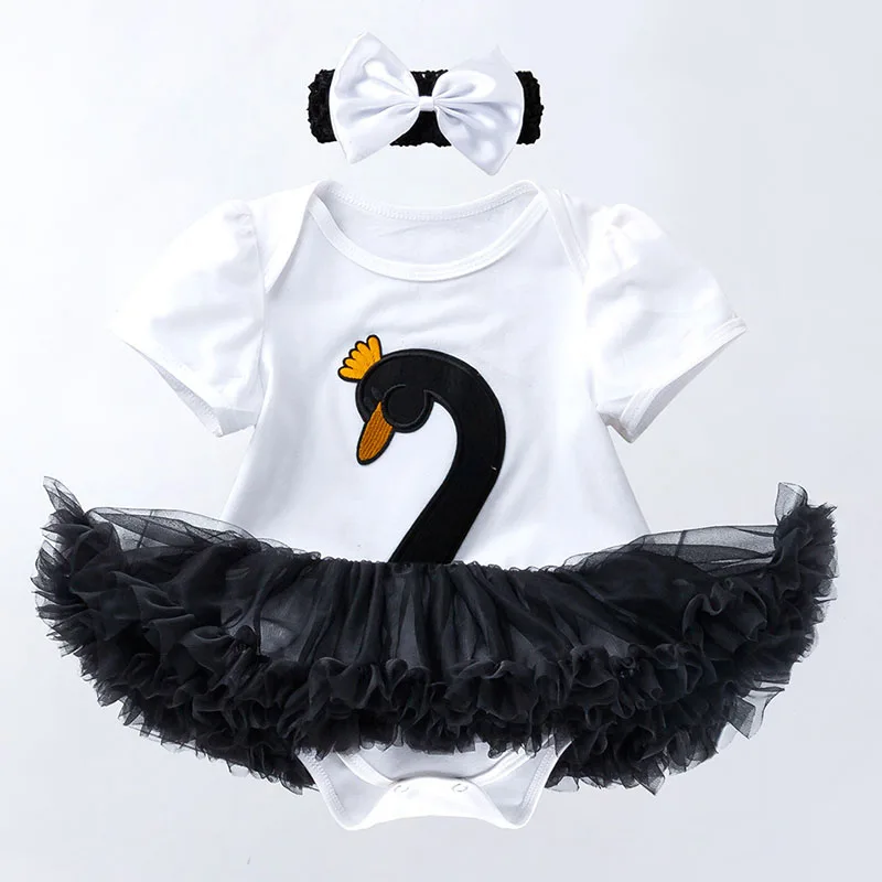 Baby Girl One Piece Dress with Headbands Baby Black Swan Costume Infant Fluffy Princess Dress 1 Year Baby Cosplay Party Clothes