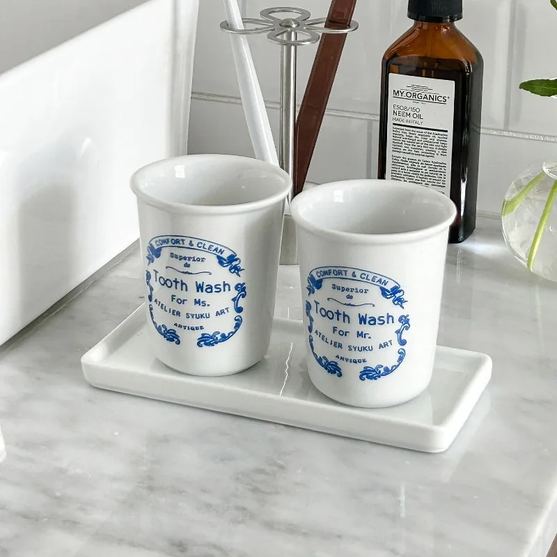 

French Retro Ceramic Toothbrush Holders for Bathrooms Reusable Toothbrush Ins Couple Mouthwash Cup, Bathroom Counter Organizer