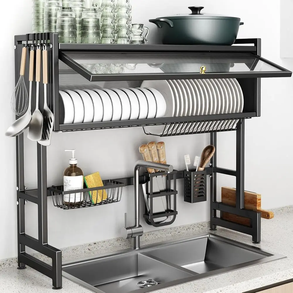

Over The Sink Dish Drainer Drying Rack 3 Tiers with Cover, Keep Kitchen Sink Shle Organized Space-Saving Dish Drying Rack, Large