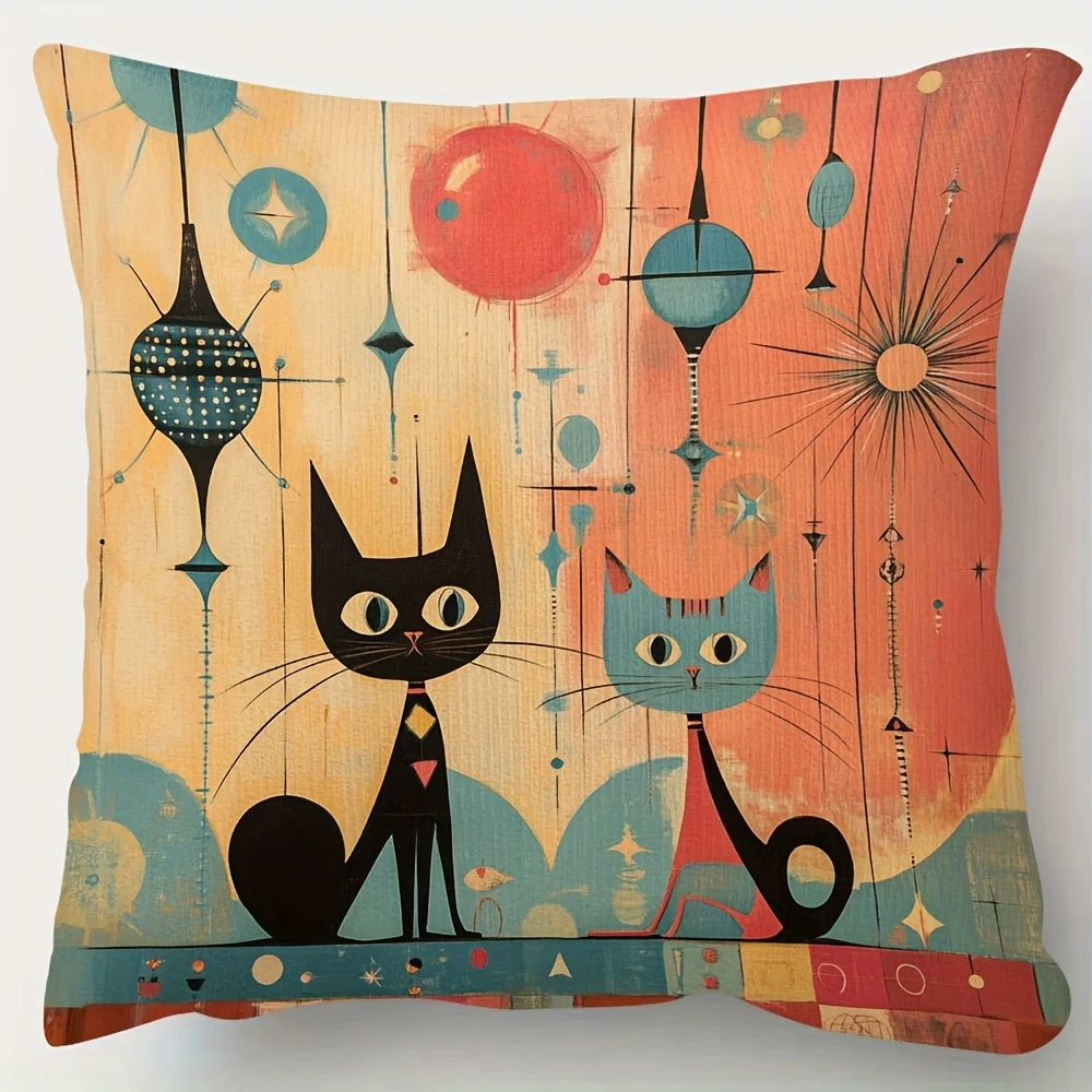 Double Sided Mid Century Meow Retro Atomic Cat Decorative Throw Pillow Case Geometric Pattern Art Zip Cushion Cover for Sofa