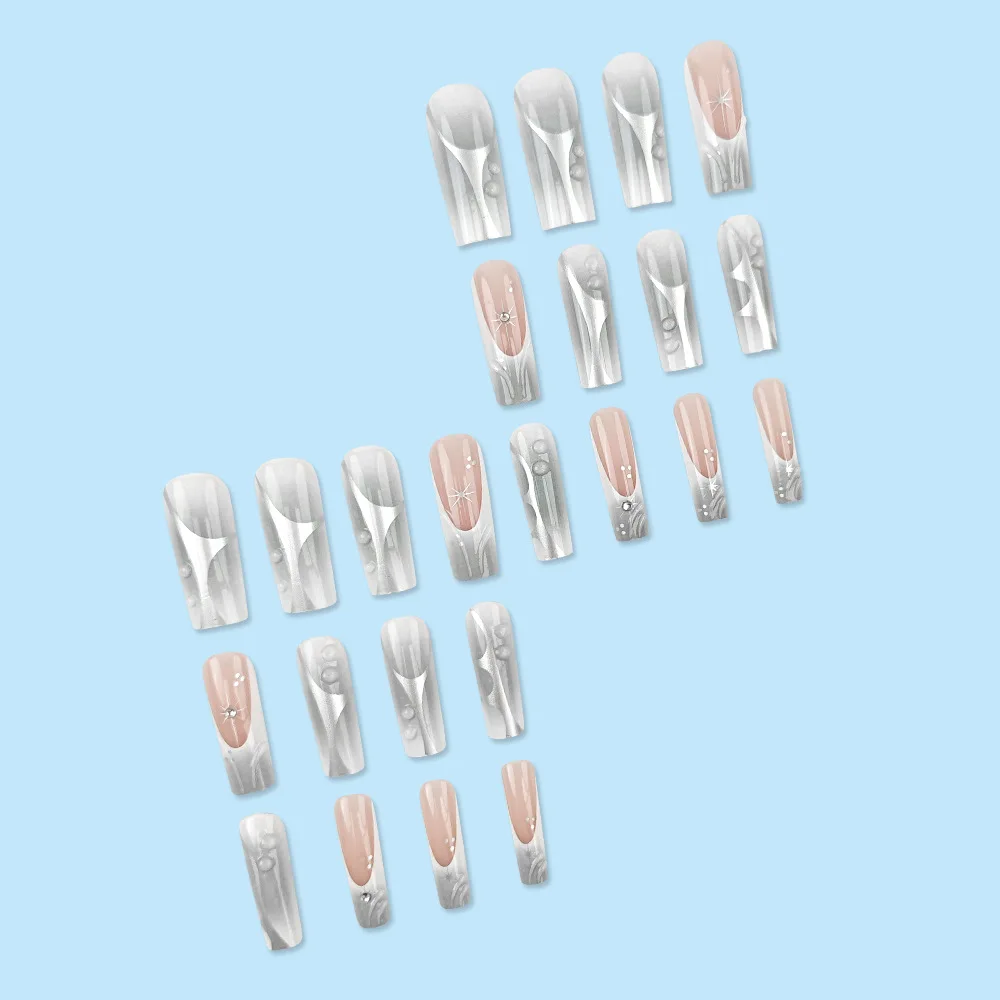 24pcs 3D Silver Grey False Nails Long Ballet Coffin Sweet Cool Fake Nails Patches Full Cover Wearable European Press on Nails