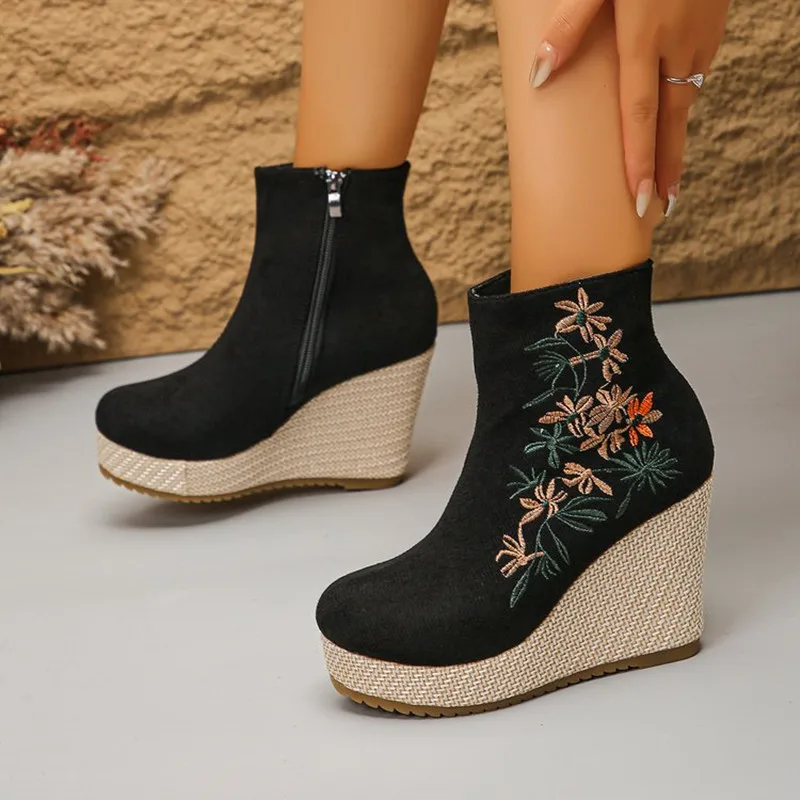 2026 Spring Autumn New Embroidery Design Women's High Heel Ankle Boots Fashionable Solid Zipper Wedge Casual Women Single Shoes