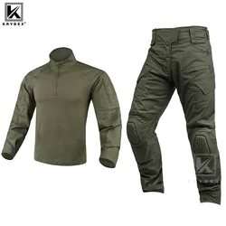 KRYDEX Tactical Combat Suit Shirt & Pants with Knee Pads Hunting Men Clothing Camouflage Uniform Set Camo Ranger Green