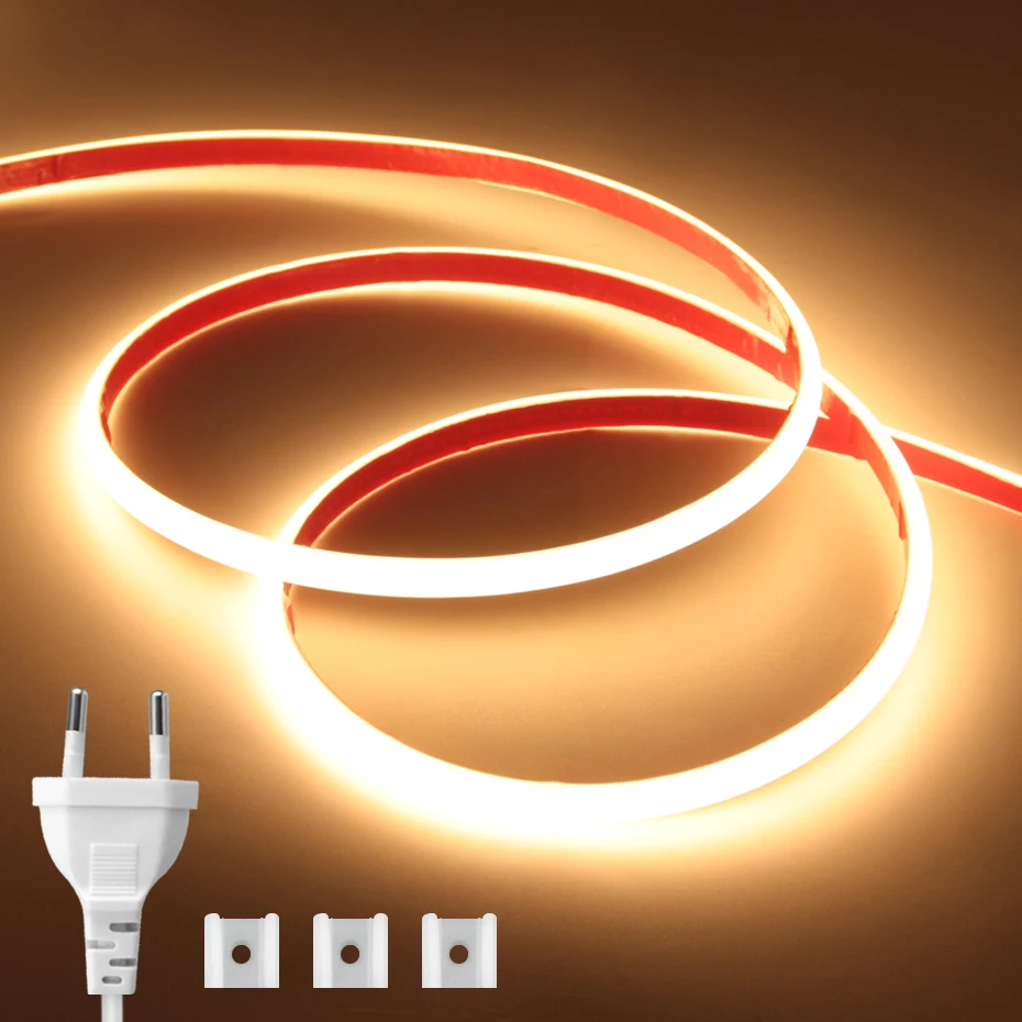 

220V COB светодиодная полоса света супер яркий 288LEDs/м гибкие полосы лампы водонепроницаемая клеящая светодиодная лента для освещения сада на открытом воздухе