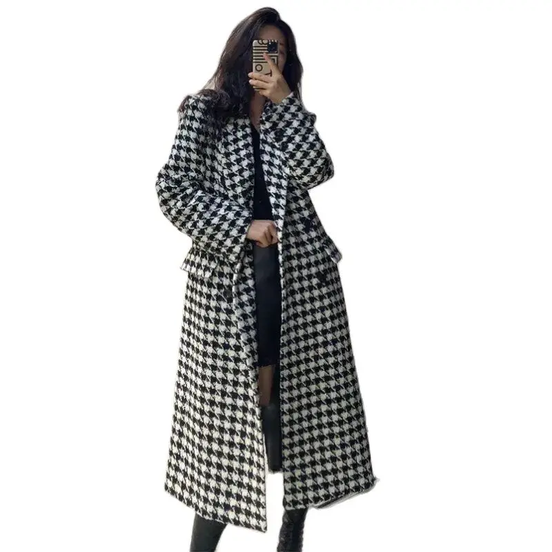 Fashion Plaid Woolen Jacket Women's Coat Autumn Winter New Korean Mid-Length Knee Woolen Windbreaker Outerwear Female