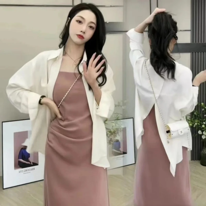 Women Summer Sunscreen Shirts Tank Dress Two Piece Set Korean Lady New Casual Loose Thin Blouse Black Midi Dresses Outfits 2024