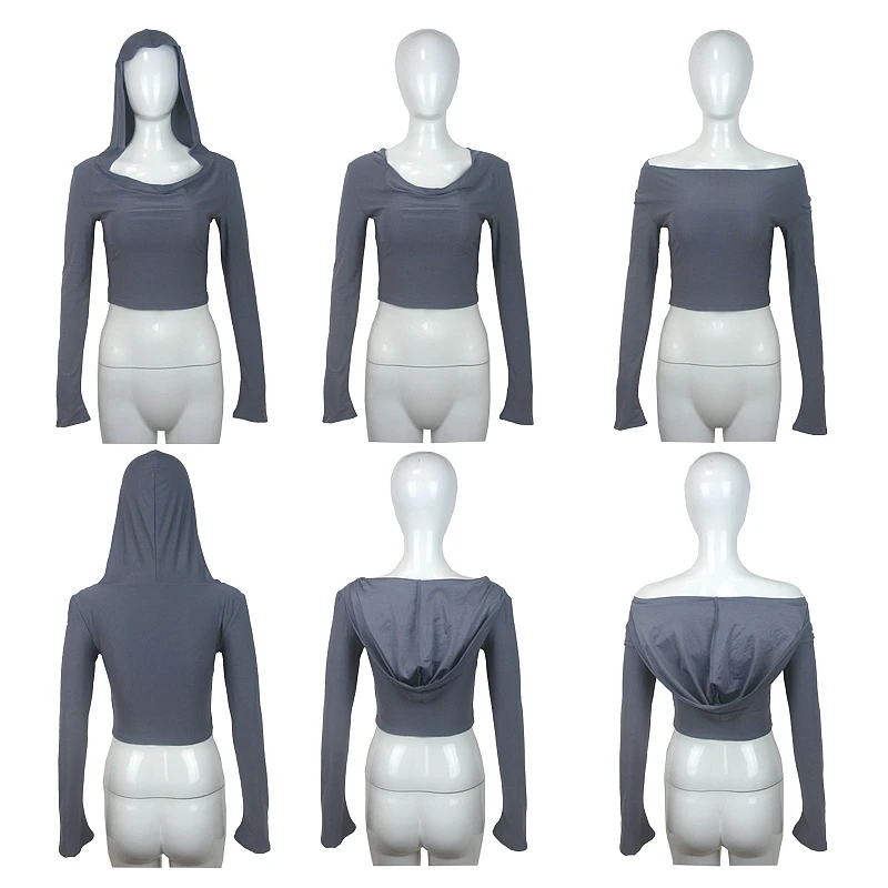 Flare Langarm-Crop-Top mit Kapuze für Damen, Herbst 2025, einfarbig, elastisch, lässig, T-Shirt, Pullover, Florkragen, Y2k-T-Shirt 2526 – Detail 7