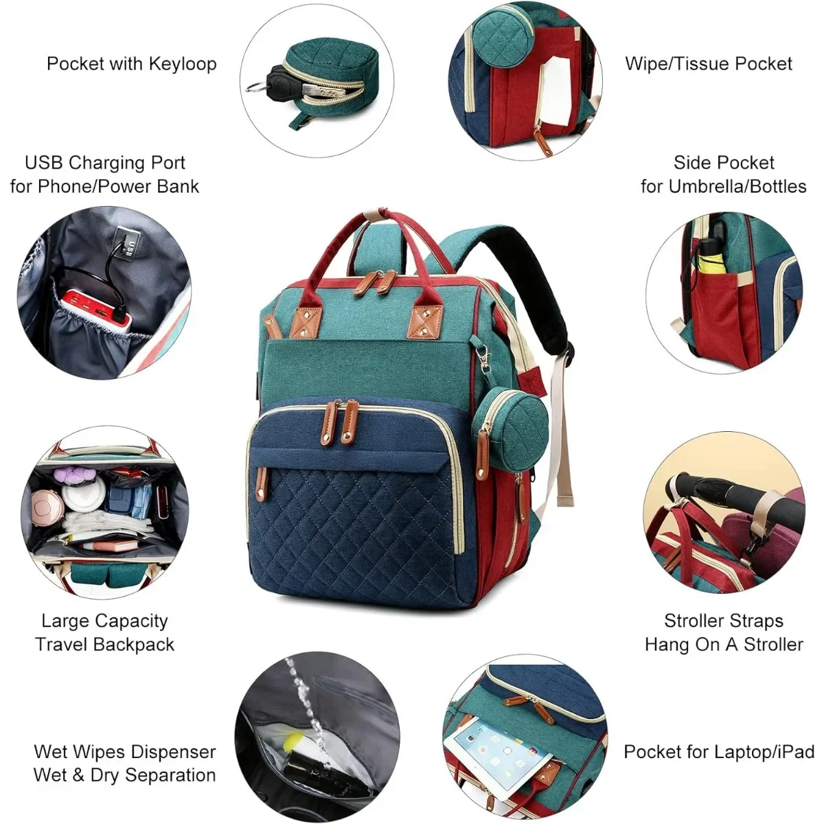 Diaper Bag with Changing Station 3 in 1 Baby Diaper Backpack with Foldable Changing Pad, Large Travel Back Pack for Girl Boy