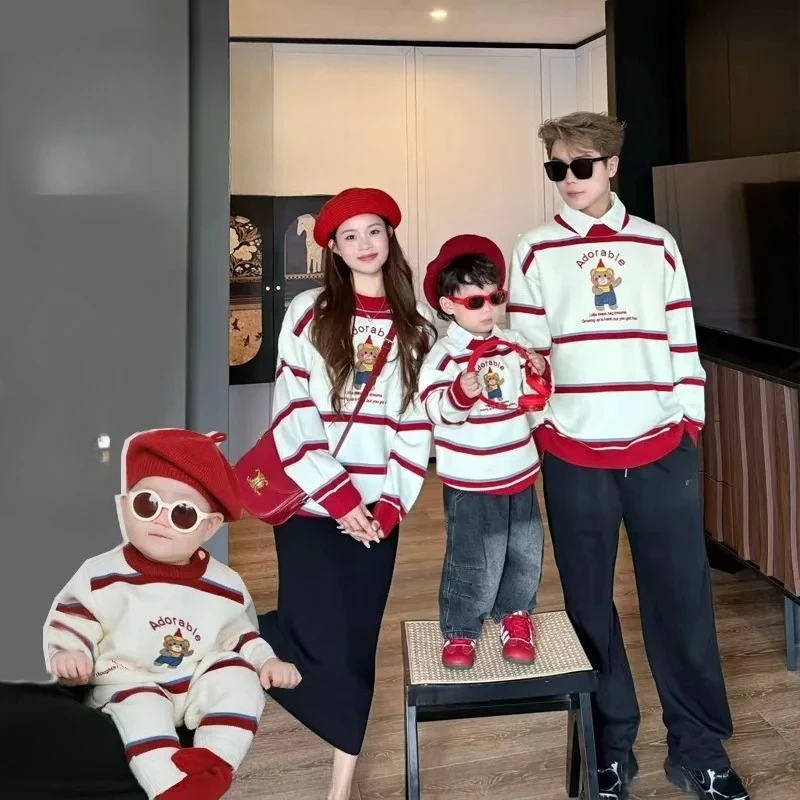 Winter Family Matching Sweaters for Mom Dad Baby Toddler New Year Outfit Christmas Holiday Homewear Cartoon Bear Stripe Knitwear