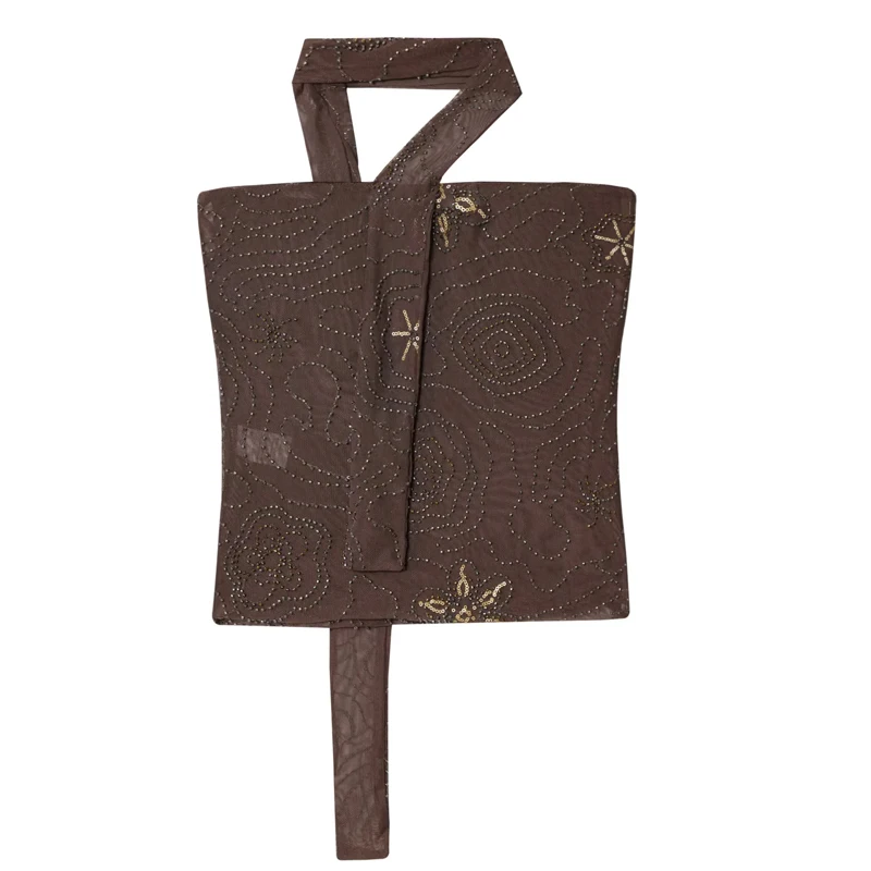 HXAO Gorsetowe Crop Topy Damskie Bez Ramiączek Top typu Halter Damski Letni Tiulowy Top z Koralikami i Cekinami Bez Pleców Półprzezroczysty Seksowny Top Bandeau