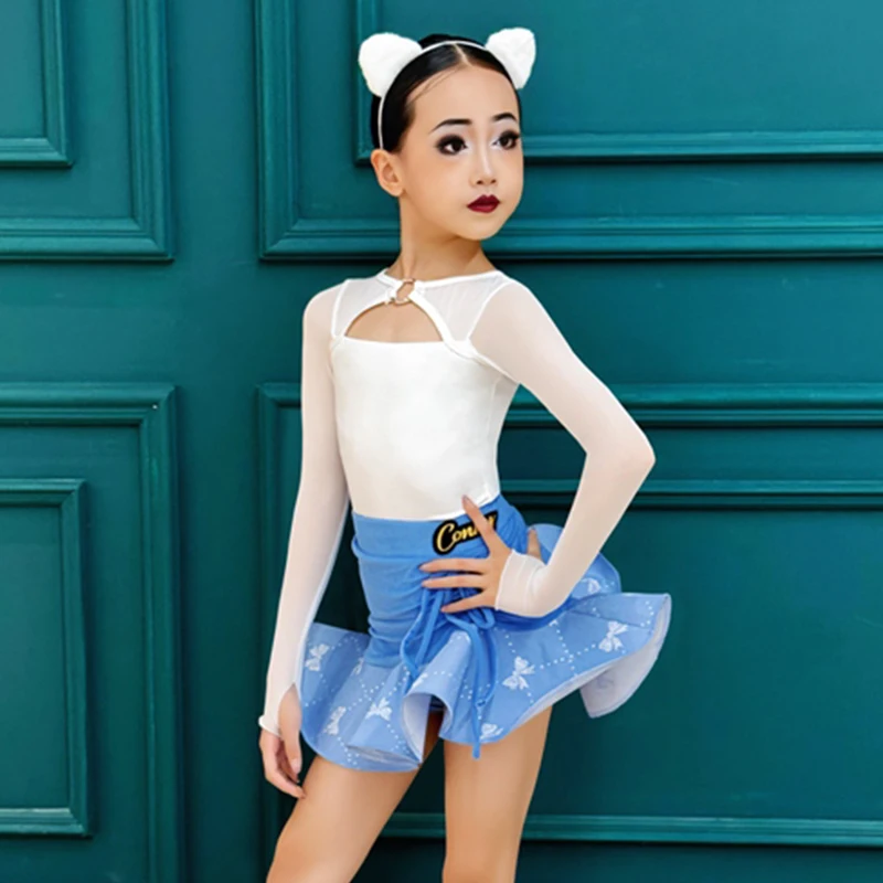 Latin Dance Costume Girls ChaCha Samba Stage Clothing Kids Rumba Latin Frill Dance Suit White Bodysuit Blue Skirt Dancewear