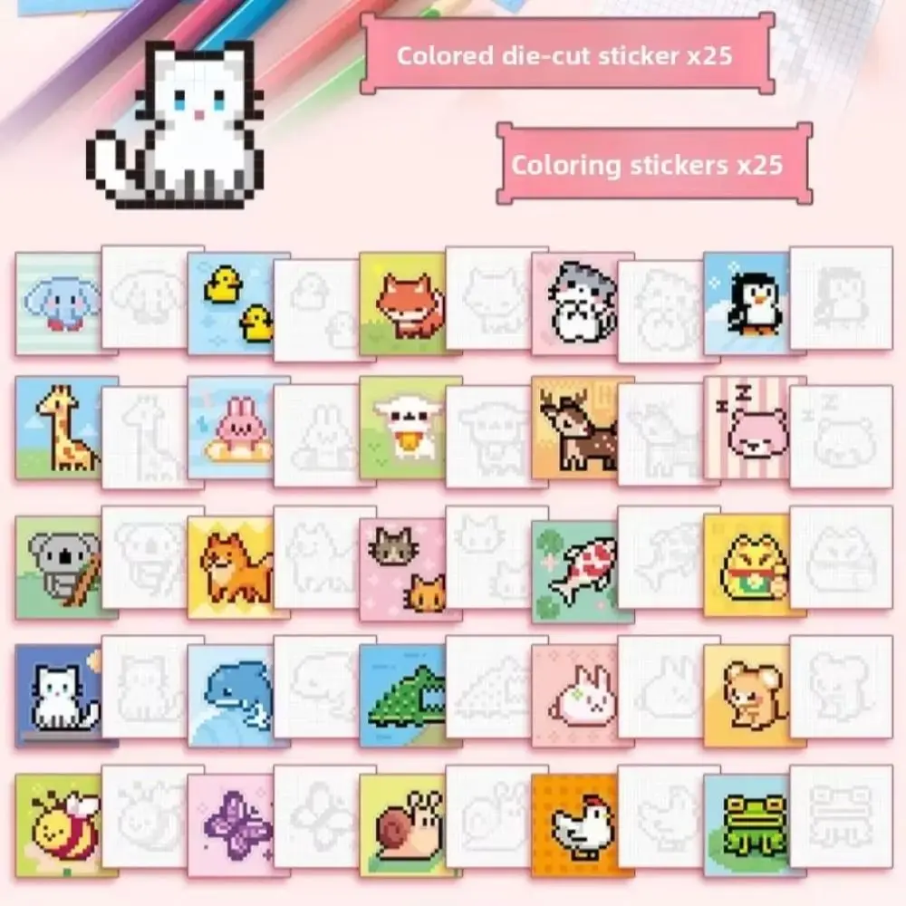50Sheets/bag New Cute Pixel Coloring Sticker Book Food Animal Theme Creative DIY Sticker Doudouben Mini Gamebook Stickers Gift