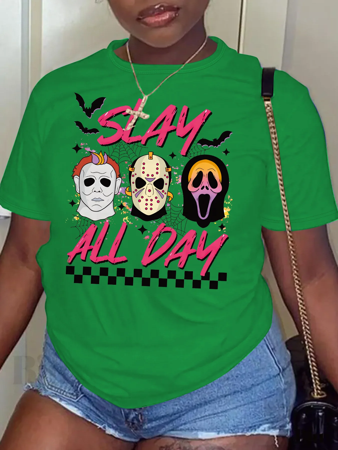 Plus Size Women Clothing Summer Short-sleeved Round Neck Printed Graphic Skull Halloween SLAY ALL DAY Tops Large Size T-shirts