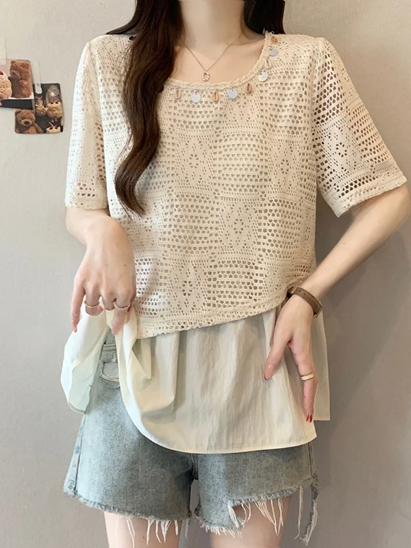 

plus Size Summer Fashion Loose Fit Versatile Fat MM 2026 Hollow out Slimming Top Casual Style Short Sleeve Knitted T-Shirt