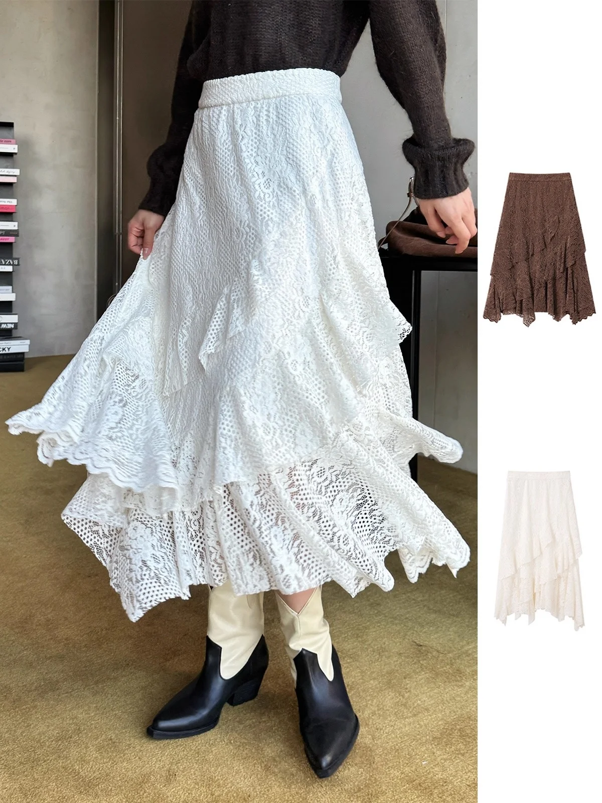 

Юбка А-силуэта с асимметричными кружевными вставками, высокая талия, повседневная, из смесового полиэстера и нейлона, для ежедневной носки, женская