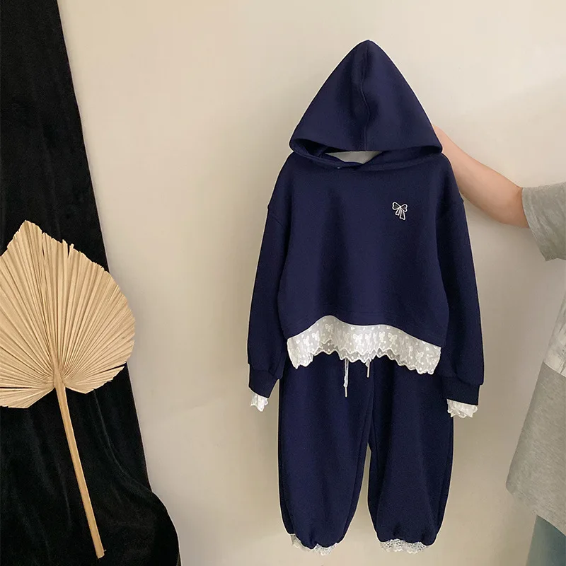 

Girls Autumn New Lace Hooded Embroidered Bow Sweatshirt2025Loose Casual Pants Two-Piece Set Trendy