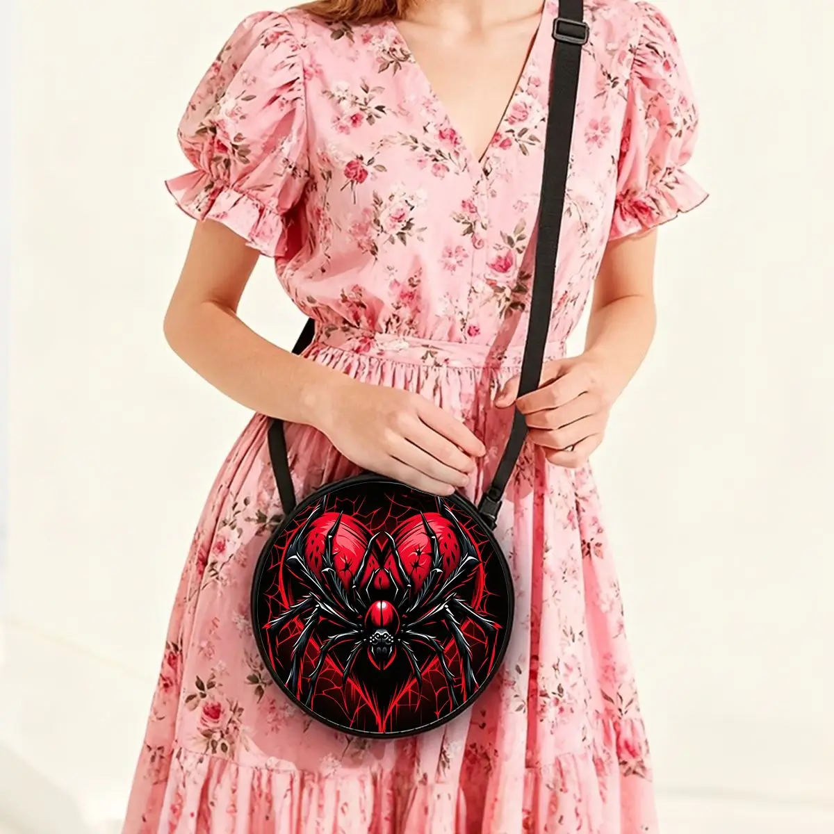 Runde Umhängetasche mit Spinnenmuster, lässige Umhängetasche für Damen, beste Geschenke, 2D flache, lässige Alltags-Umhängetasche – Detail 5