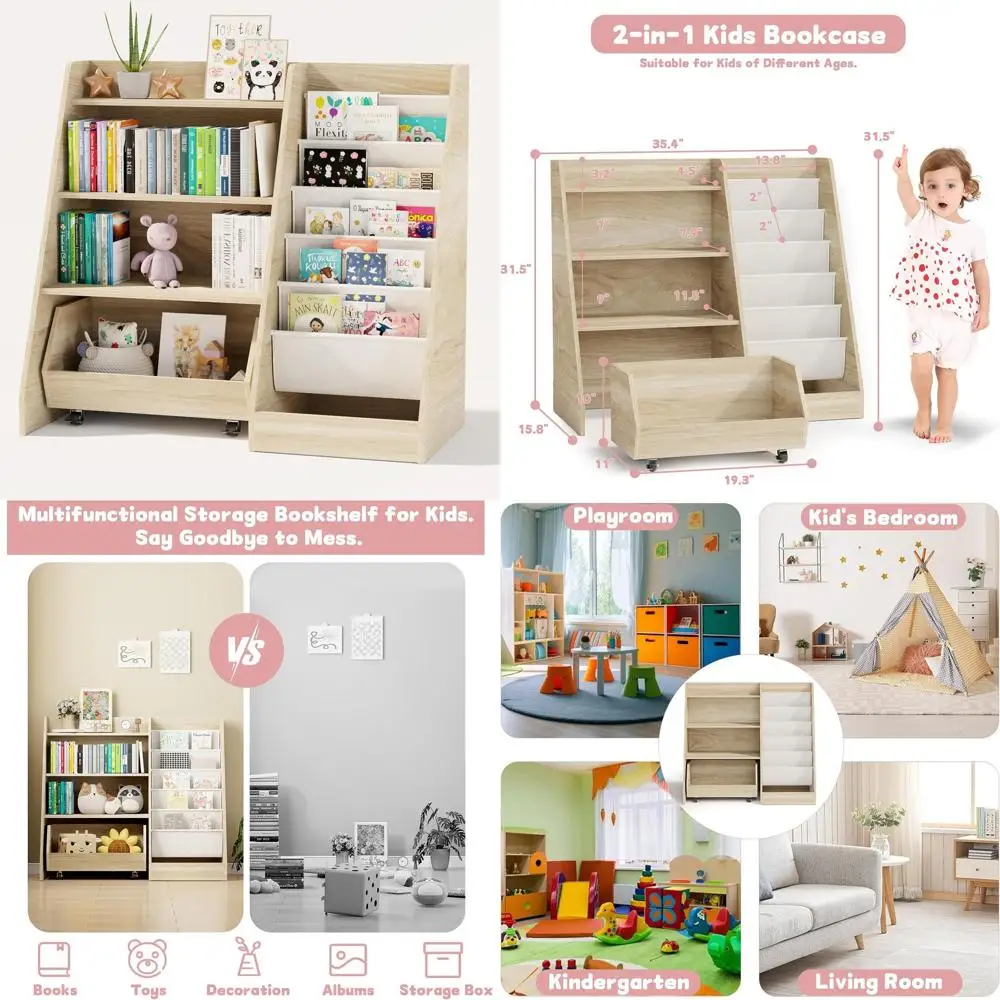 

4-Tier Toddler Bookshelf with 5 Swinging Baskets, Oak Finish, for Kids' Rooms, Playrooms, and Nurseries