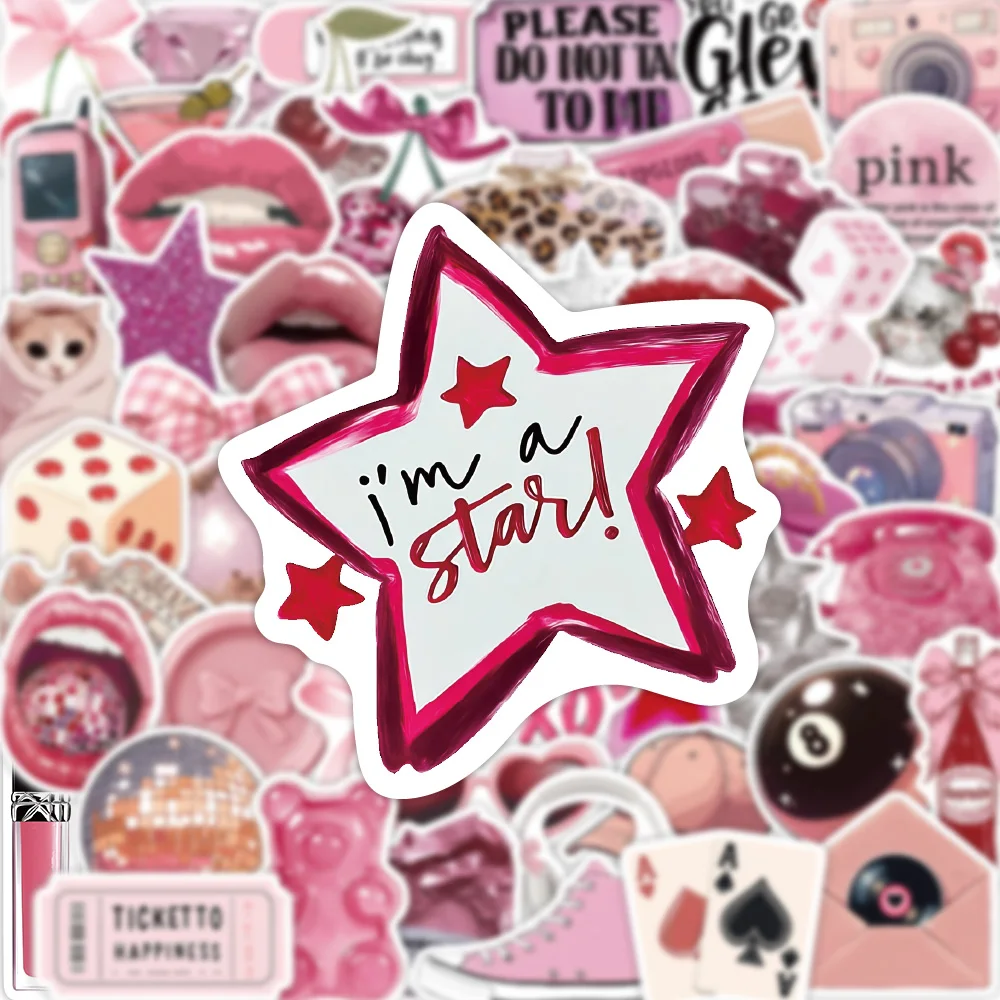 55PCS Pink Downtown Fashion Personalized Art Sticker Five pointed Star Cherry Red Lips Fun Decoration Water Cup Scrapbook Phone