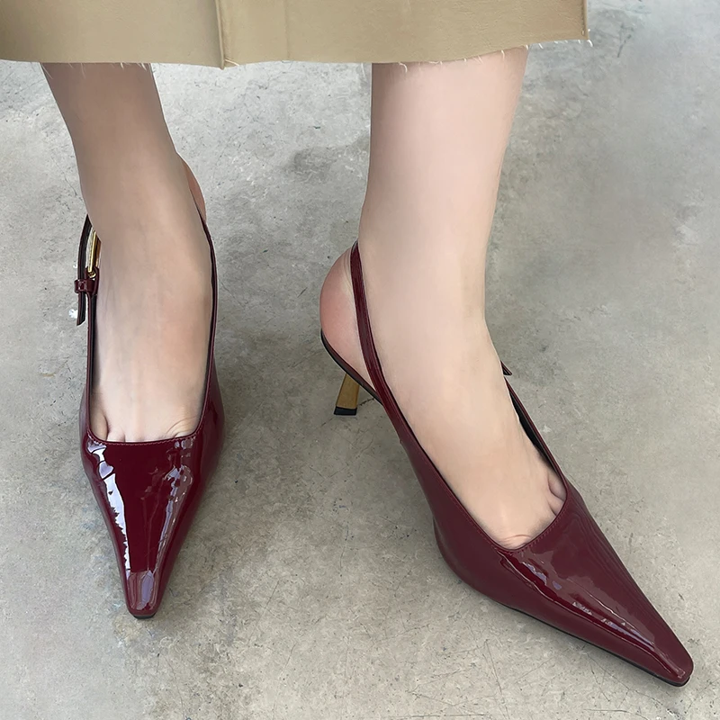 Female Slingback Fashion Pointed Toe Ladies Thin Heels Shoes Metal Buckle Footwear New In Heels Pumps Shoes For Women Big Size