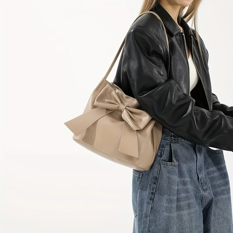 

Fashion Knot Tote Handbag For Women, PU Leather One-Shoulder Shopping Bucket Bag With Spacious Design