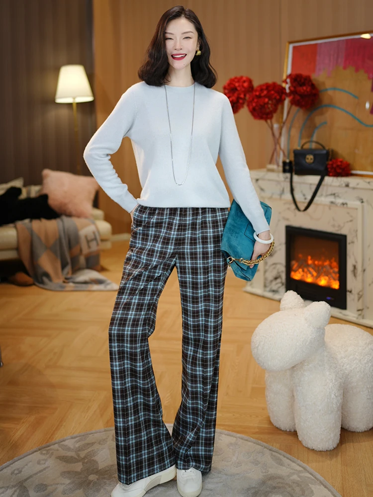 

High Waist Wide Leg Pants Lazy Vintage Elastic Waist Fce Lined Plaid Casual Trousers for Women Autumn Season Straight Cut