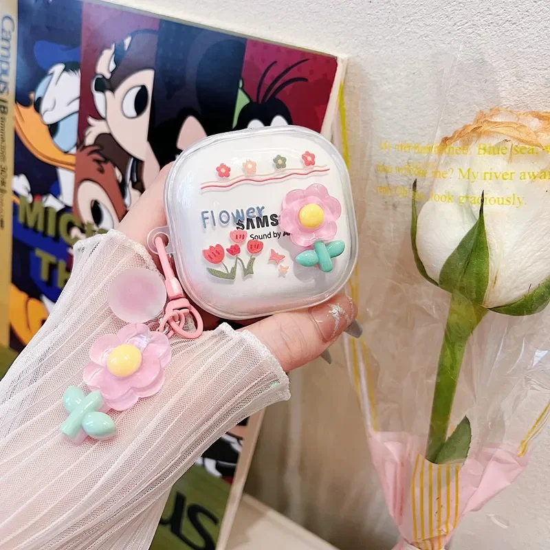 Étui en silicone transparent pour écouteurs Samsung Galaxy Buds Live, Buds2 Pro, porte-clés fleur mignon
