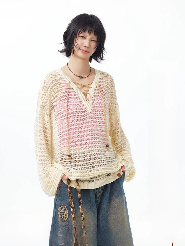 

Saoe Japanese Sle Outdoor Long Sve Sweater Cover up V Ne Tied Hollow out Loose Fit Women's Knittedwear Casual Sle