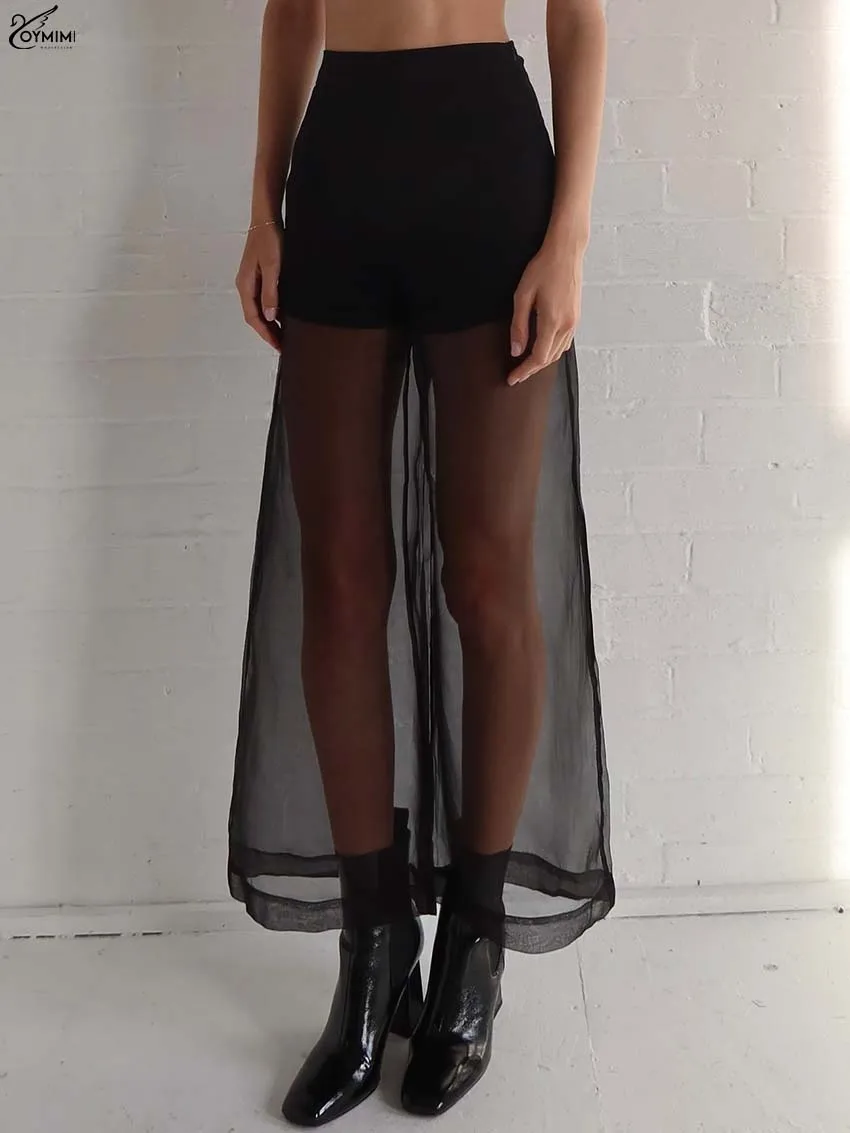 Oymimi Fashion Balck Patchwork Women Pants Summer High Waist Translucent Trousers Casual Straight Ankle-Length Pants Streetwear