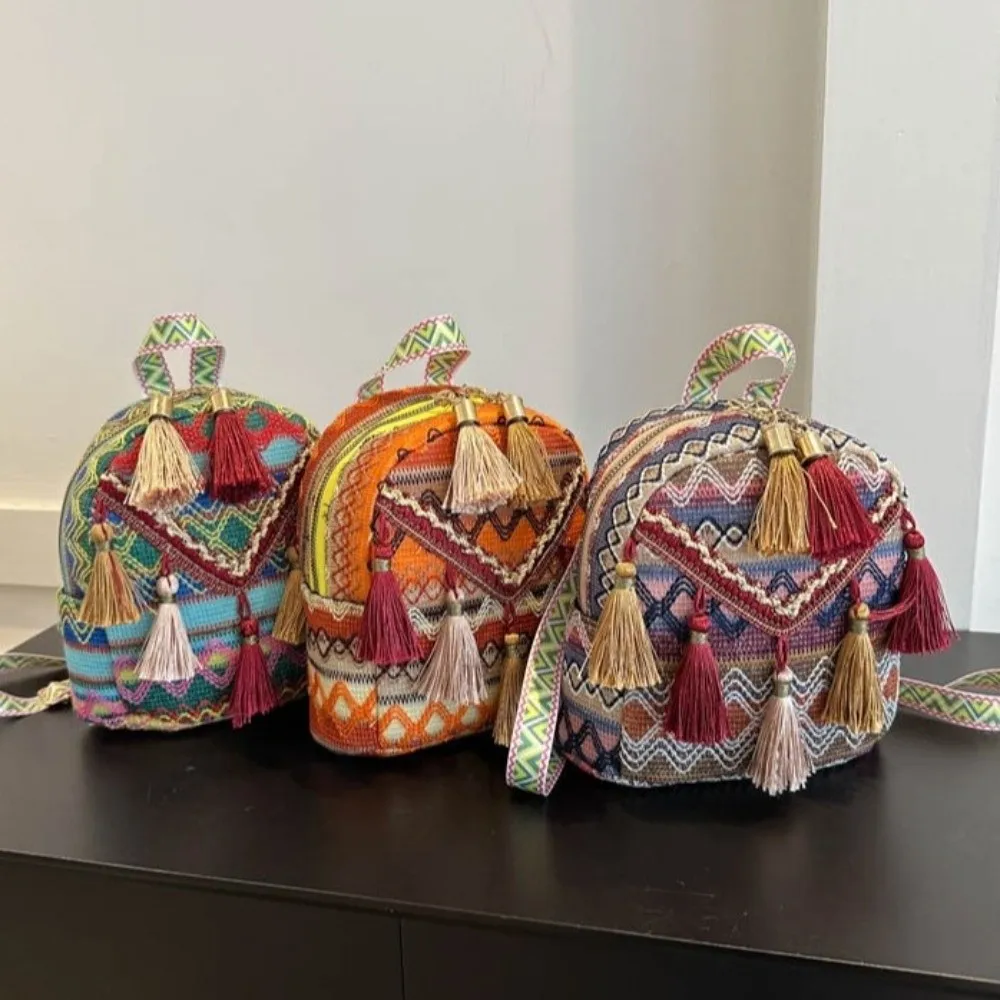 جديد شرابة المنسوجة حقيبة مزدوجة نمط فريد من نوعه المنسوجة الملمس حقيبة من القماش نمط العرقية على ظهره المرأة #1