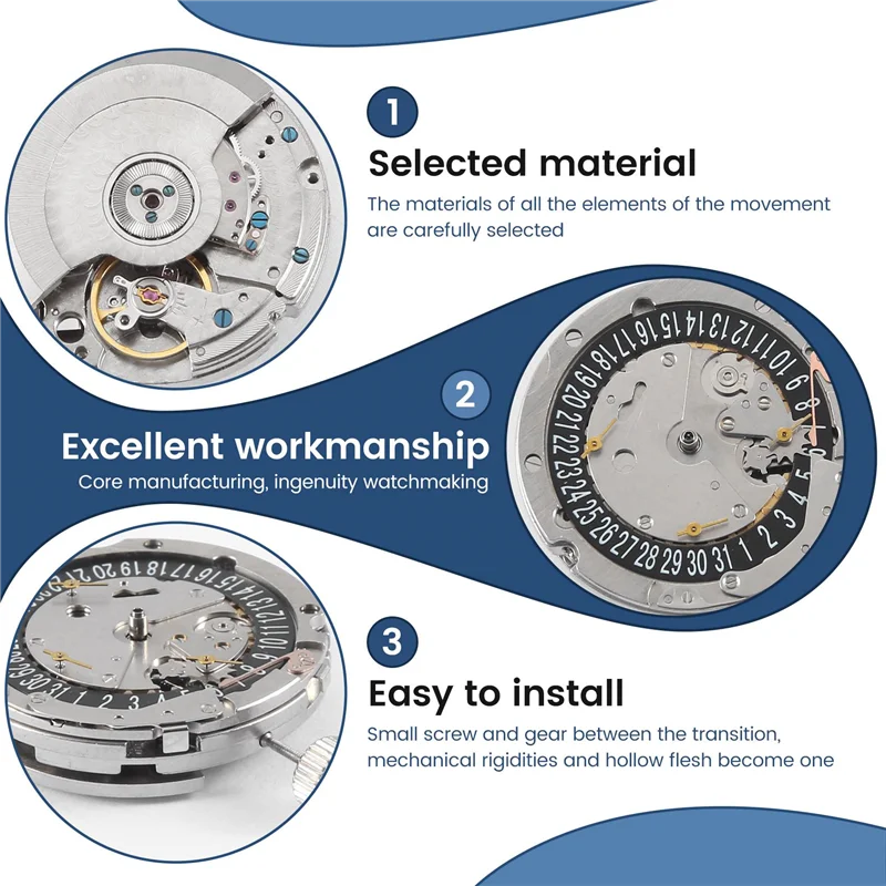 

KB-ST2552 Six-Pin 6 O'clock Black Calendar Fully Automatic Mechanical Movement 3/6/9 Small Needle Watch Accessories