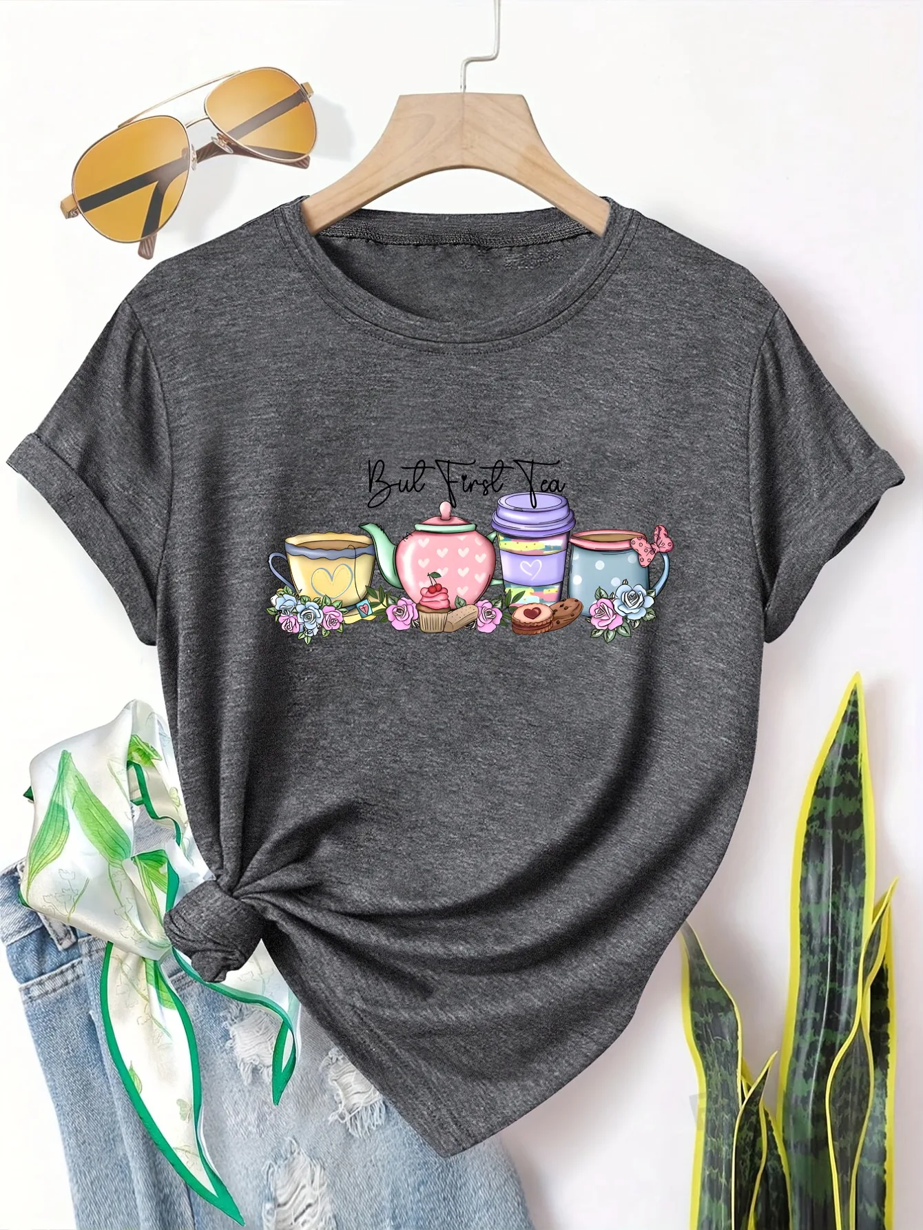 

Plus size women's short sleeve T-shirt But First Tea Teacups And Flowers soft and comfortable fabric summer outfits women's