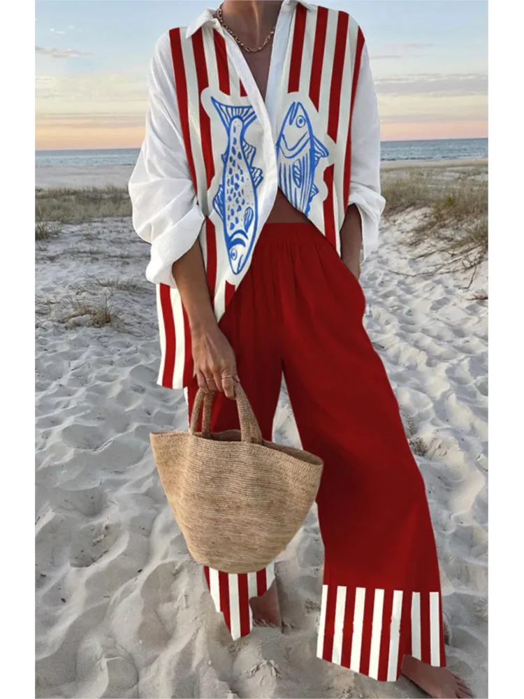 

Fashion Print Beach Holiday Pants Sets For Women Spring Summer Long Sleeve Shirt Top High Waist Wide Leg Trousers 2 Piece Set