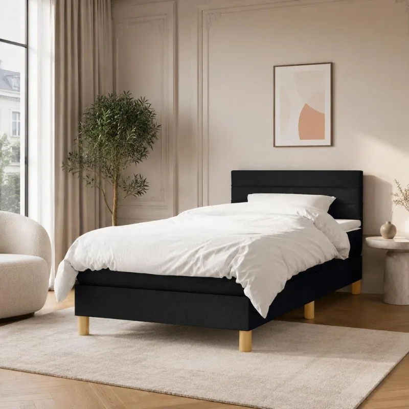 Lit à sommier 80 x 200 cm en tissu respirant avec tête de lit réglable en hauteur et matelas à ressorts ensachés, soutien moyen-dur, pour chambre principale, studio, appartement, montage facile avec notice.