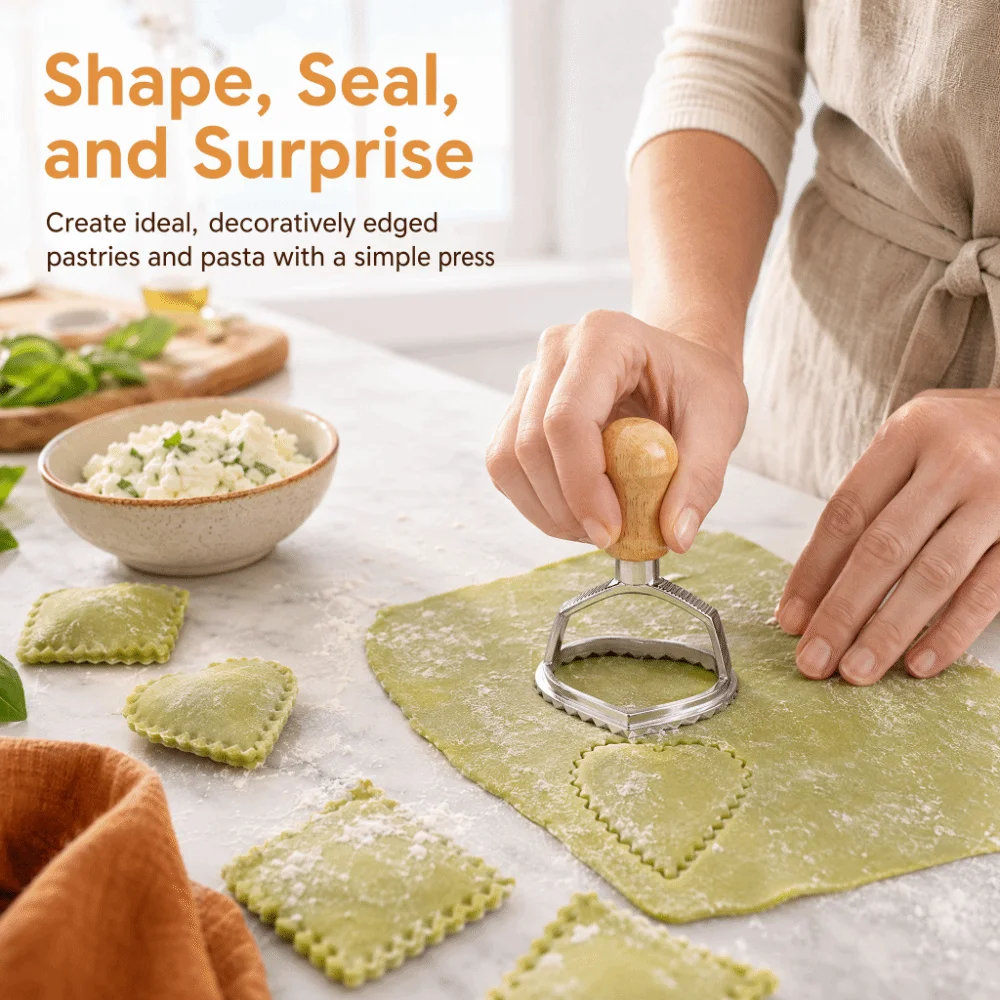 7PCS Individual Upright Ravioli Cutter Set Aluminum Solid Wood Cookies Cutter Fluted Edge Dumplings Molds Lasagna Pierogi