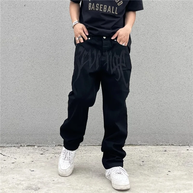 

New Four Seasons Y2K Men Fashion Black Street Embroidery Low Cut Loose Jeans Straight Pants Hip Hop Clothes