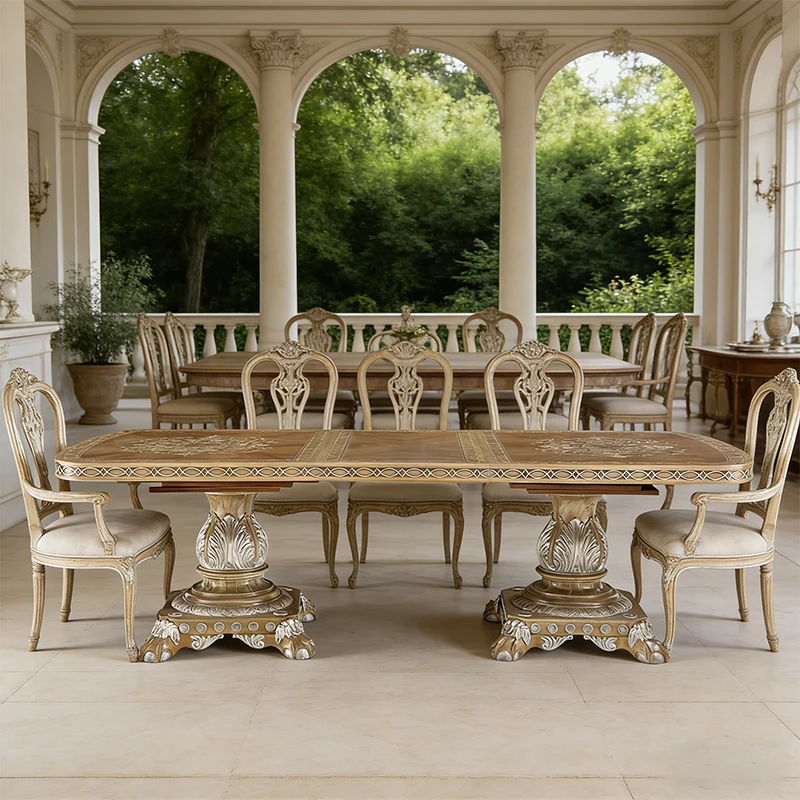!@Superior Service French Style Handmade Solid Wood Carved 8 Seater Dining Table for Home Villa Large Dinner Use