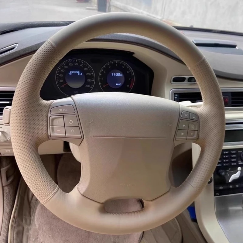 For Volvo S80 2006-2009 XC70 2007-2010 V70 2009 Hand-stitched Beige Genuine Leather Non-slip Car Steering Wheel Cover