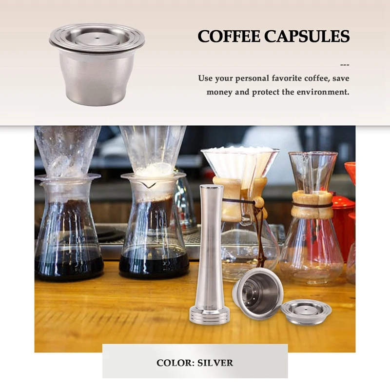 Capsules Reusable, Stainless Steel, 3 Pieces Refillable Pads For Nespresso + 1 Tamper + 1 Spoon + 1 Brush