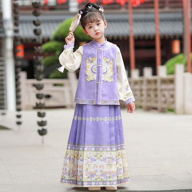 

Комплект Hanfu Twinset с вышивкой для девочек и парчовая атласная юбка Mamianqun, комплект из 2 предметов, традиционная китайская одежда для детей чи-пао