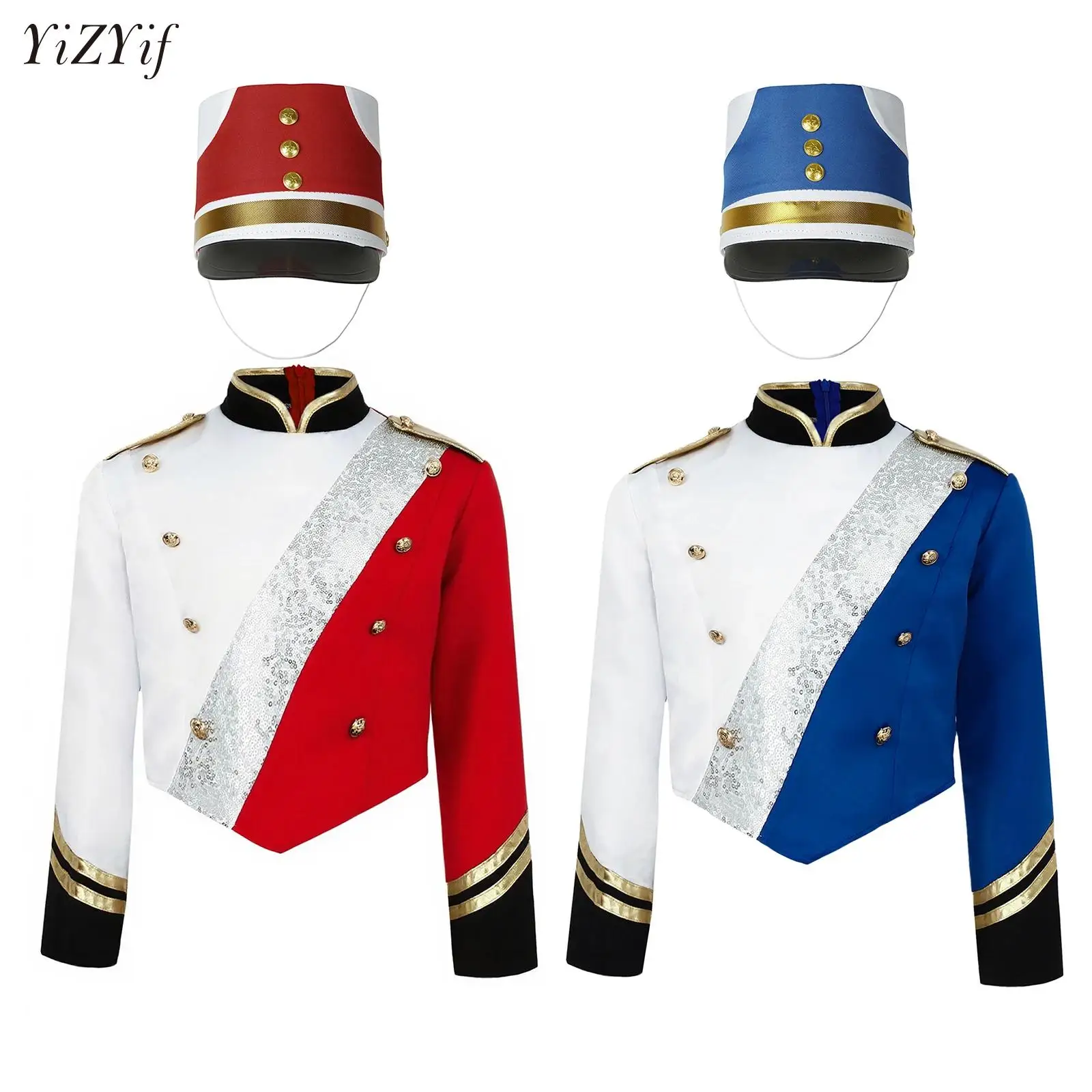 

Kids Boys Girls Halloween Circus Ringmaster Jacket Cosplay Costume Drummer Major Marching Band Uniforms with Soldier Hat Set