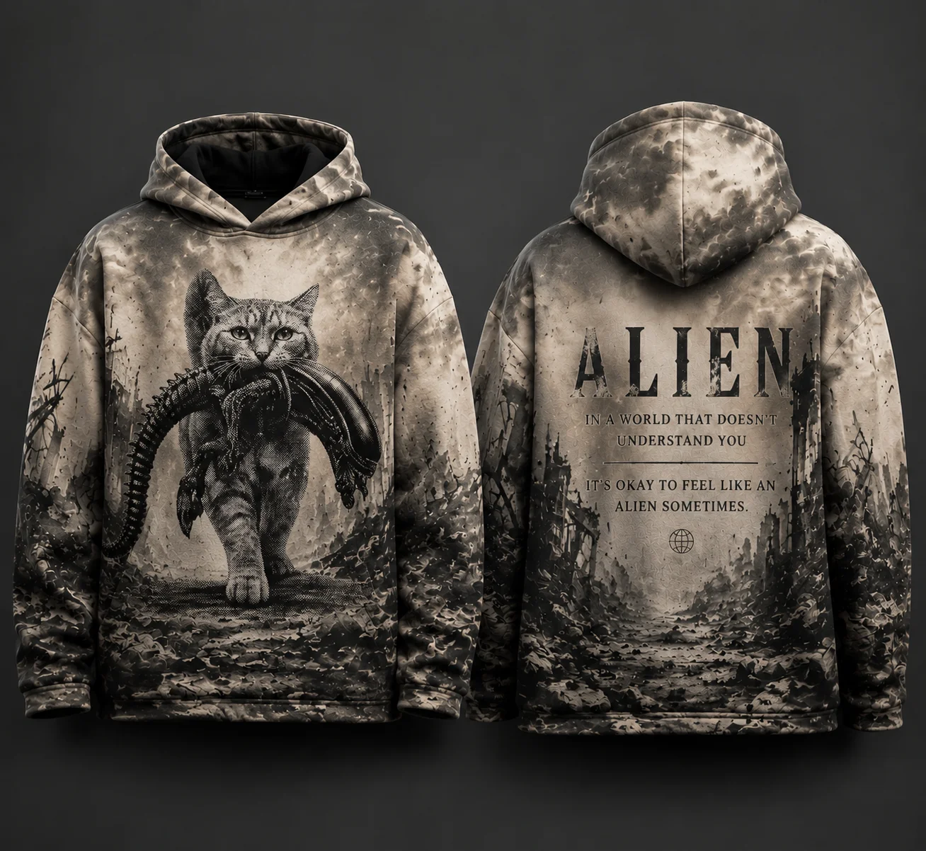 Y2K Gothic Dark Galaxy Cat Creature Graphic Hoodie Cosmic Ruins Quote Print Polyester Unisex Streetwear Long Sleeve Pullover